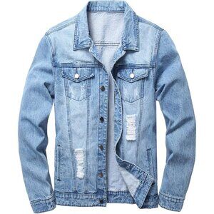 Men's Jean Jacket Distressed Slim Denim Jacket Long Sleeves Button Down Blue